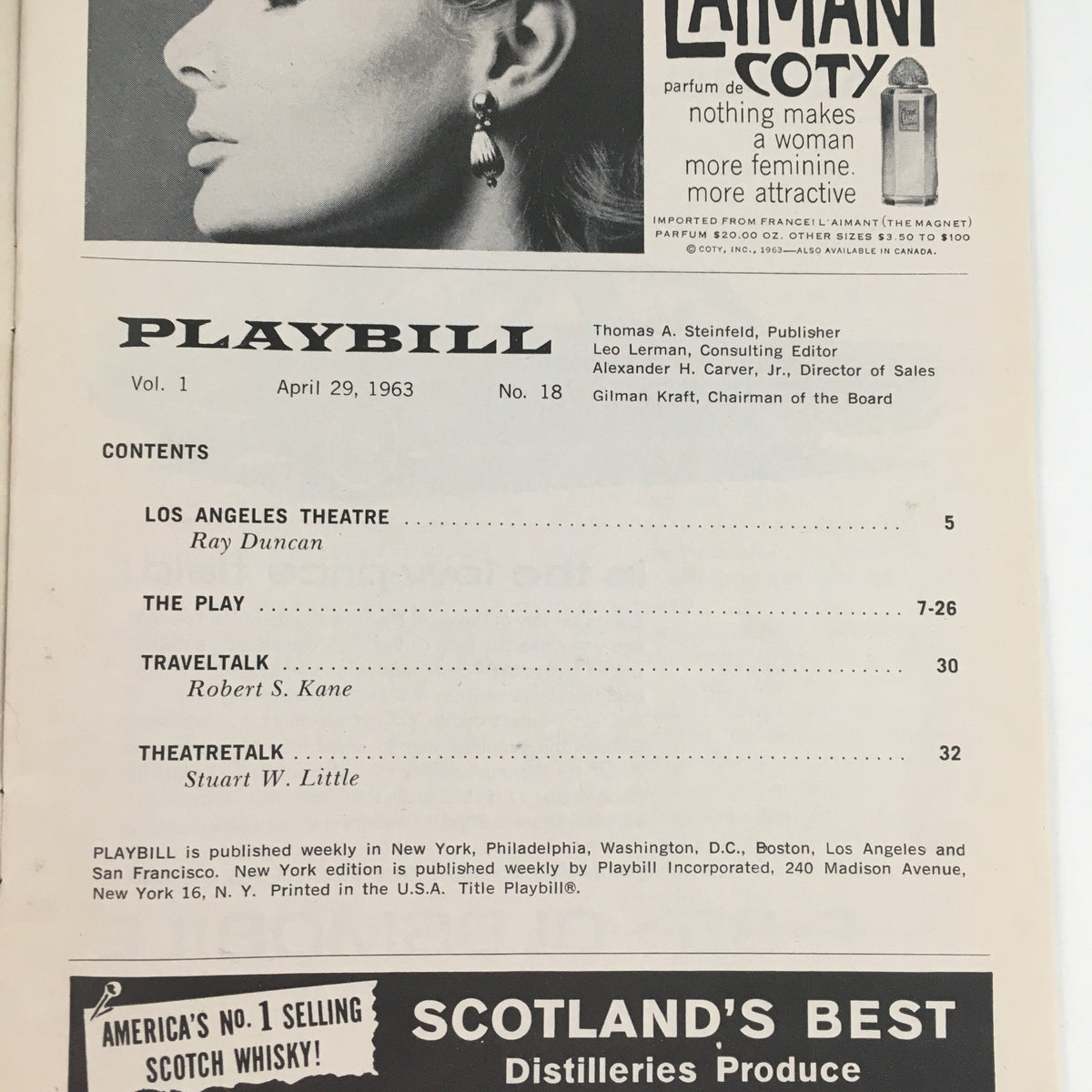 Interior page of 1963 Playbill for 'Mr. President' detailing the contents and advertisements.