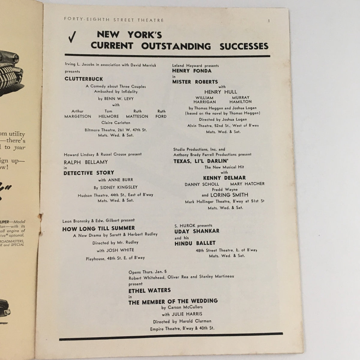 Interior page of the 1949 Playbill featuring Uday Shankar and His Hindu Ballet, listing other New York theatrical successes.