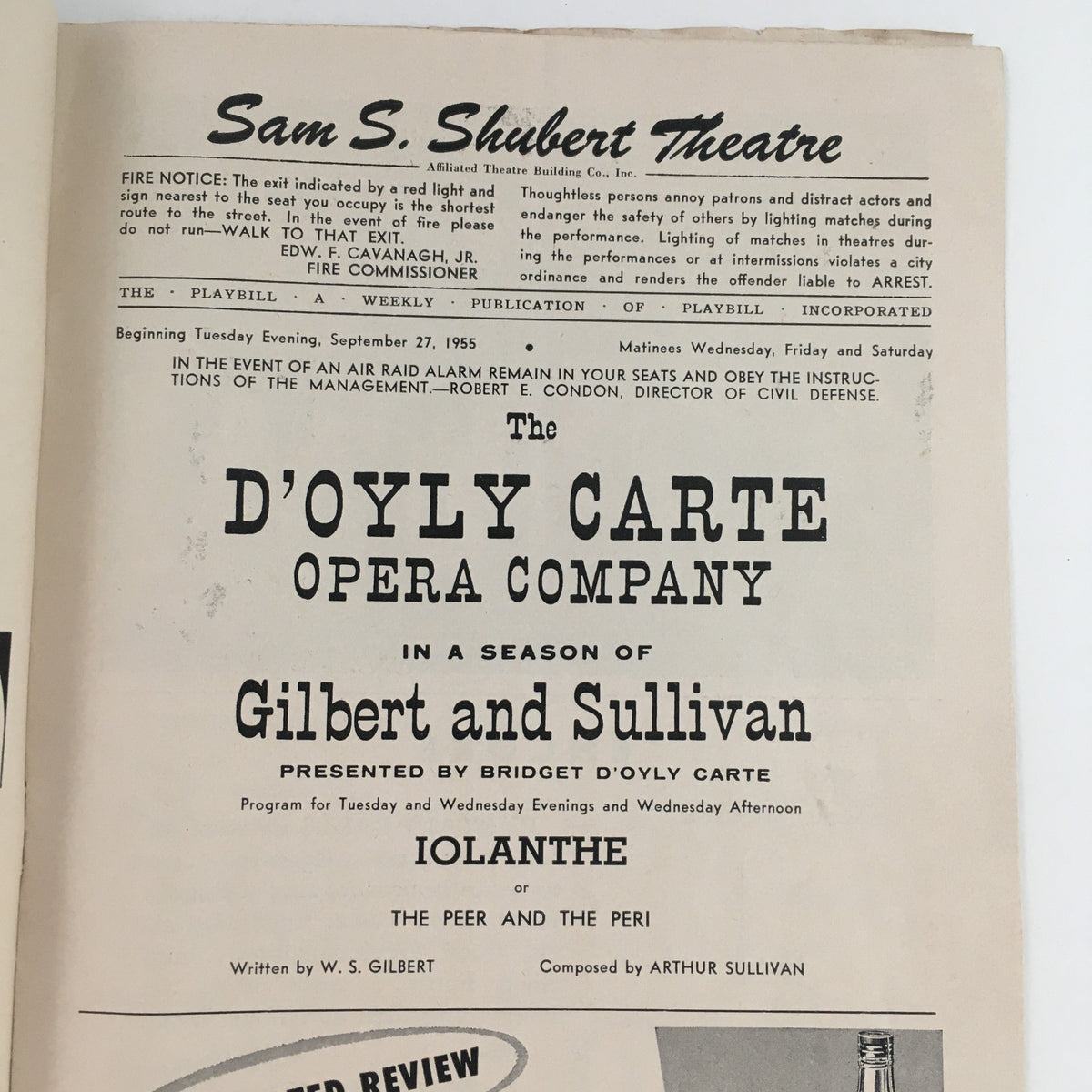 Interior page of the 1955 Playbill for The Solid Gold Cadillac, featuring details of the D'Oyly Carte Opera Company performance and historical context at the Sam S. Shubert Theatre.