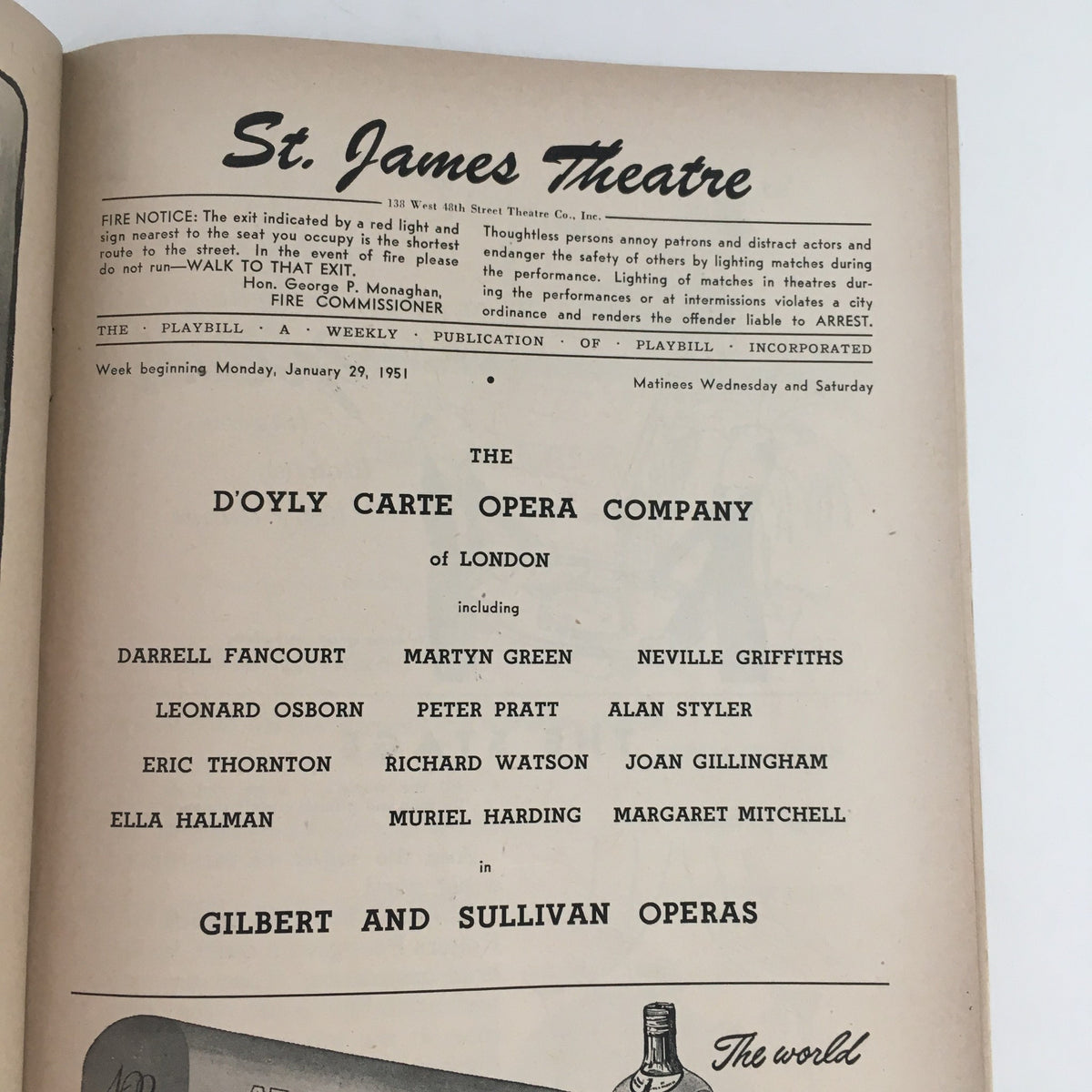 Interior page of the 1951 Playbill for the D'Oyly Carte Opera Company showcasing the cast and performance details. A valuable piece of theatrical history for opera enthusiasts.