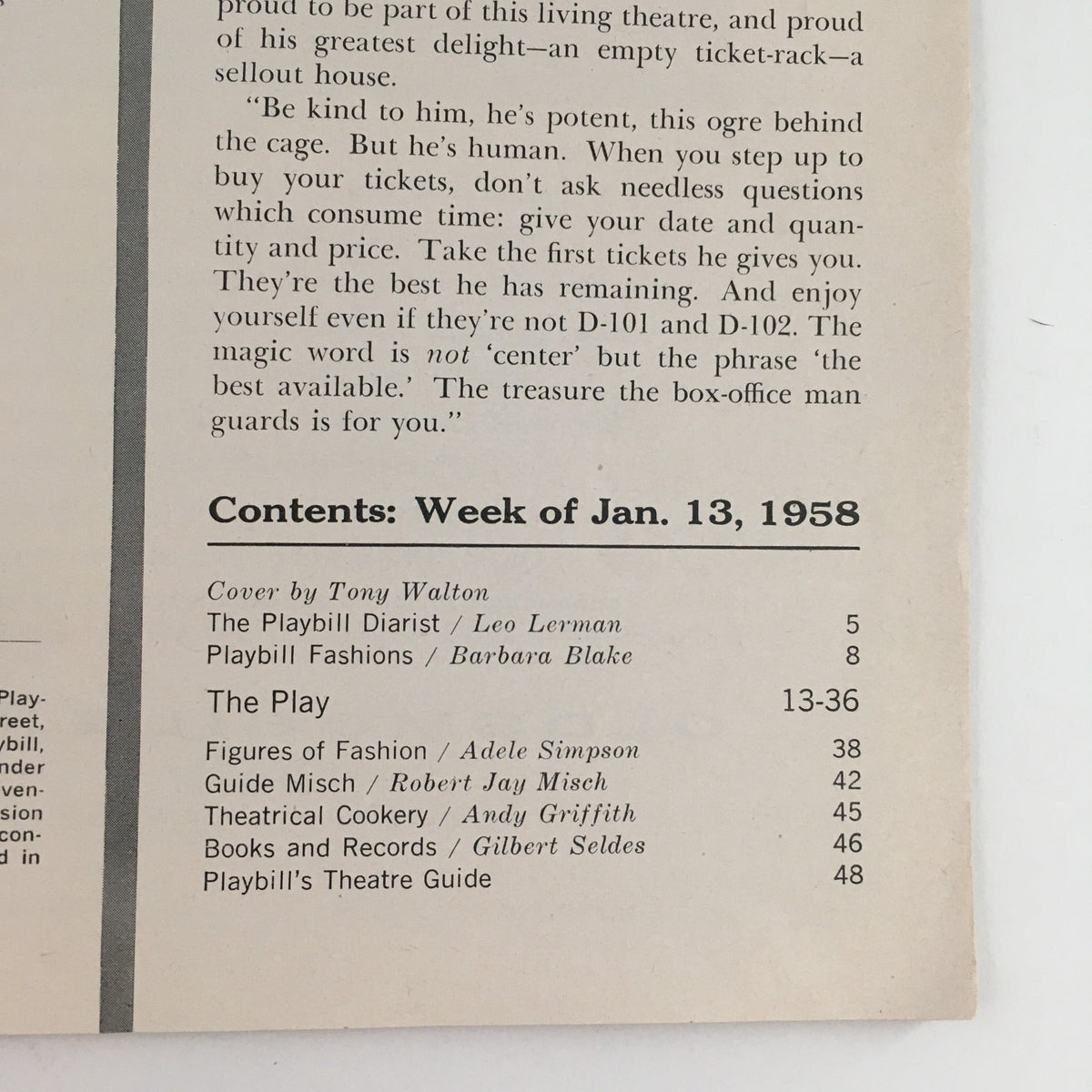 Inside of the 1958 Playbill for Look Back in Anger, showcasing contents and features including cast and production details.
