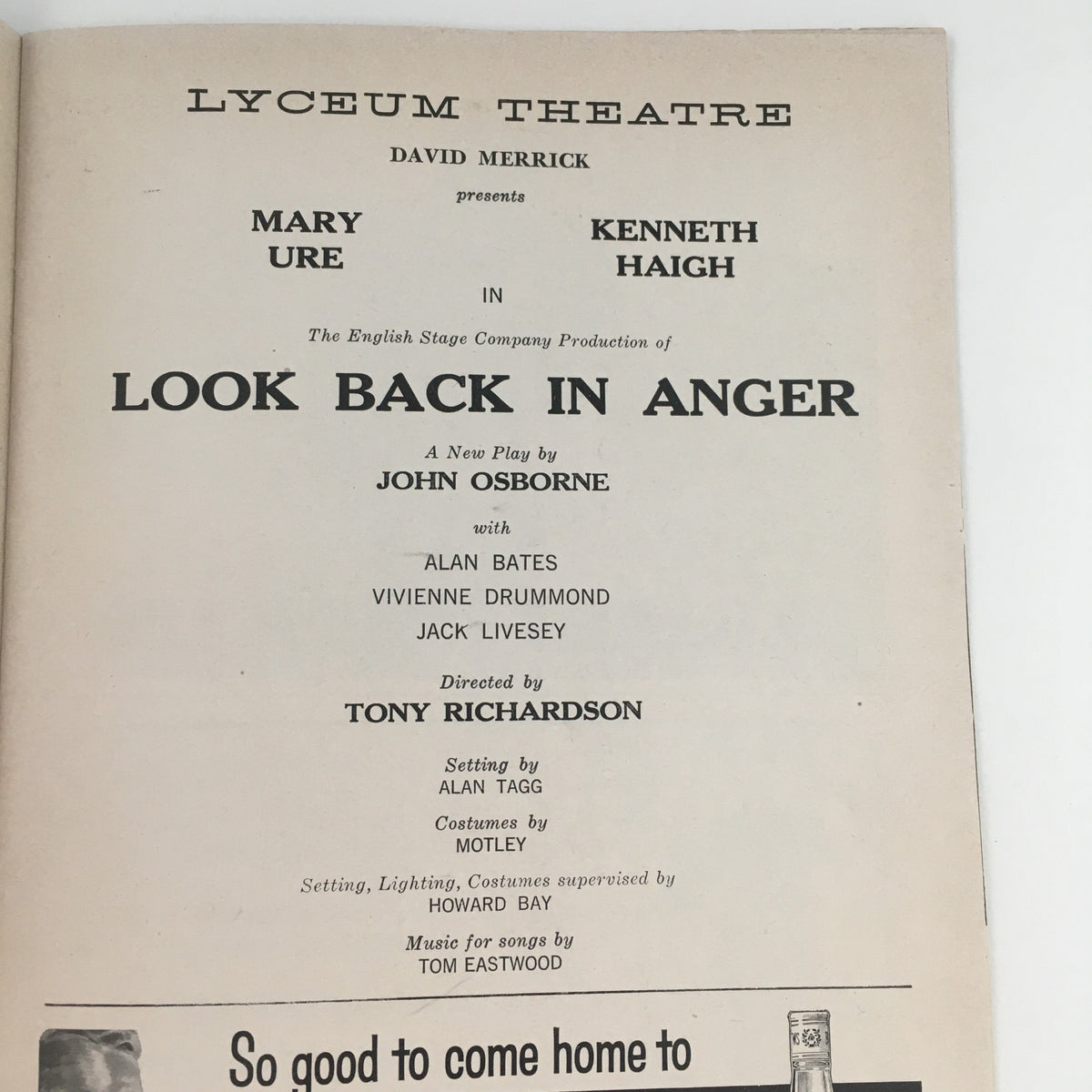 Lyceum Theatre page from the 1958 Playbill for Look Back in Anger, listing key production members and the play's credits.