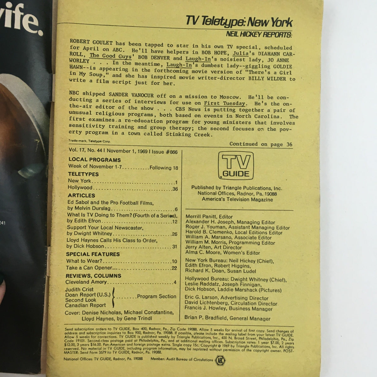Back cover of the TV Guide November 1 1969 Vol 17 #44, featuring details on local programs, articles, and editorial credits, highlighting the rich history of television content from the era.
