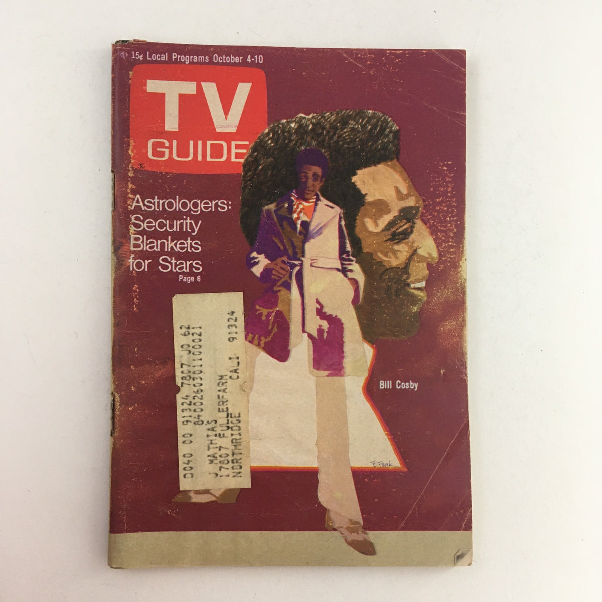 TV Guide October 4 1969 Vol 17 #40 featuring Bill Cosby on the cover, illustrating a full-color image of Cosby alongside a male character in a blue suit and red collar, noting 'Astrologers: Security Blankets for Stars' and local programs. Los Angeles, CA.