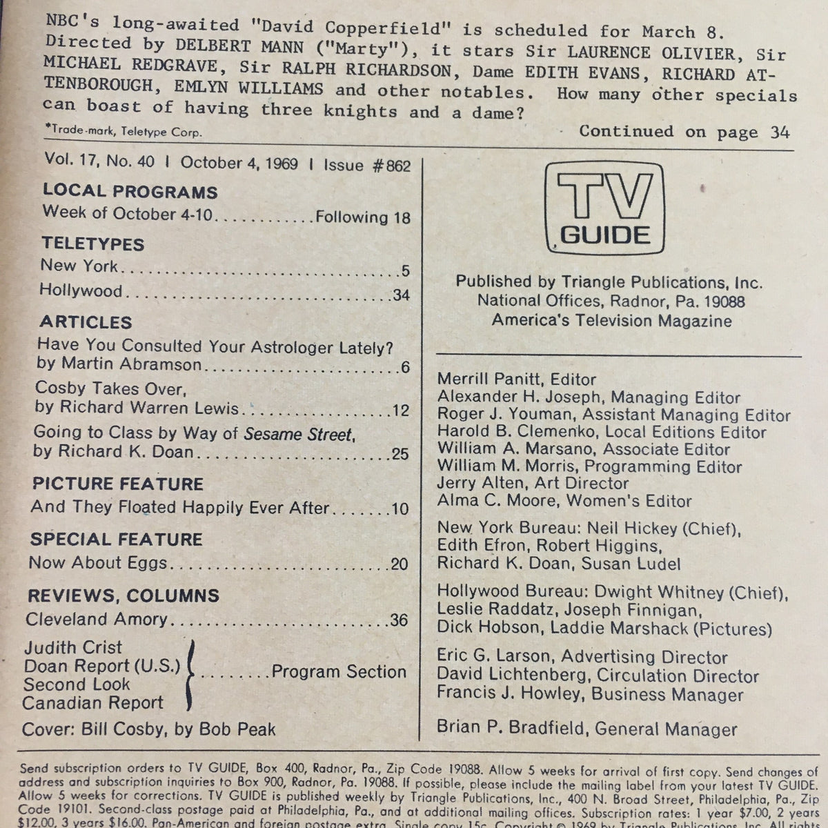 Interior page of TV Guide October 4 1969 Vol 17 #40 showcasing articles, local programs, and features including 'Have You Consulted Your Astrologer Lately?' and 'Cosby Takes Over' with editorial credits and magazine details.