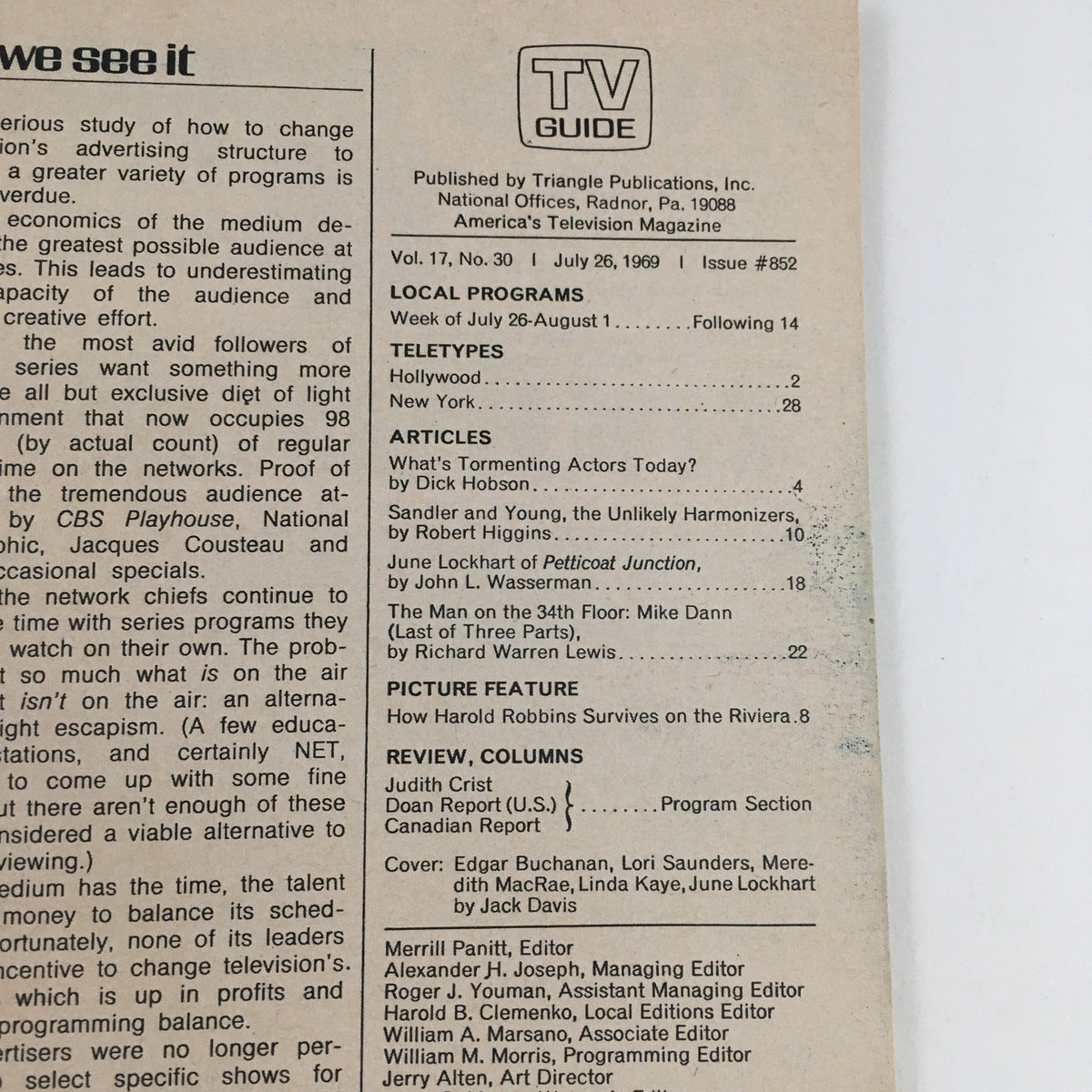 Inside page of TV Guide July 26 1969 Vol 17 #30, detailing articles and local programs featuring 'Petticoat Junction'.