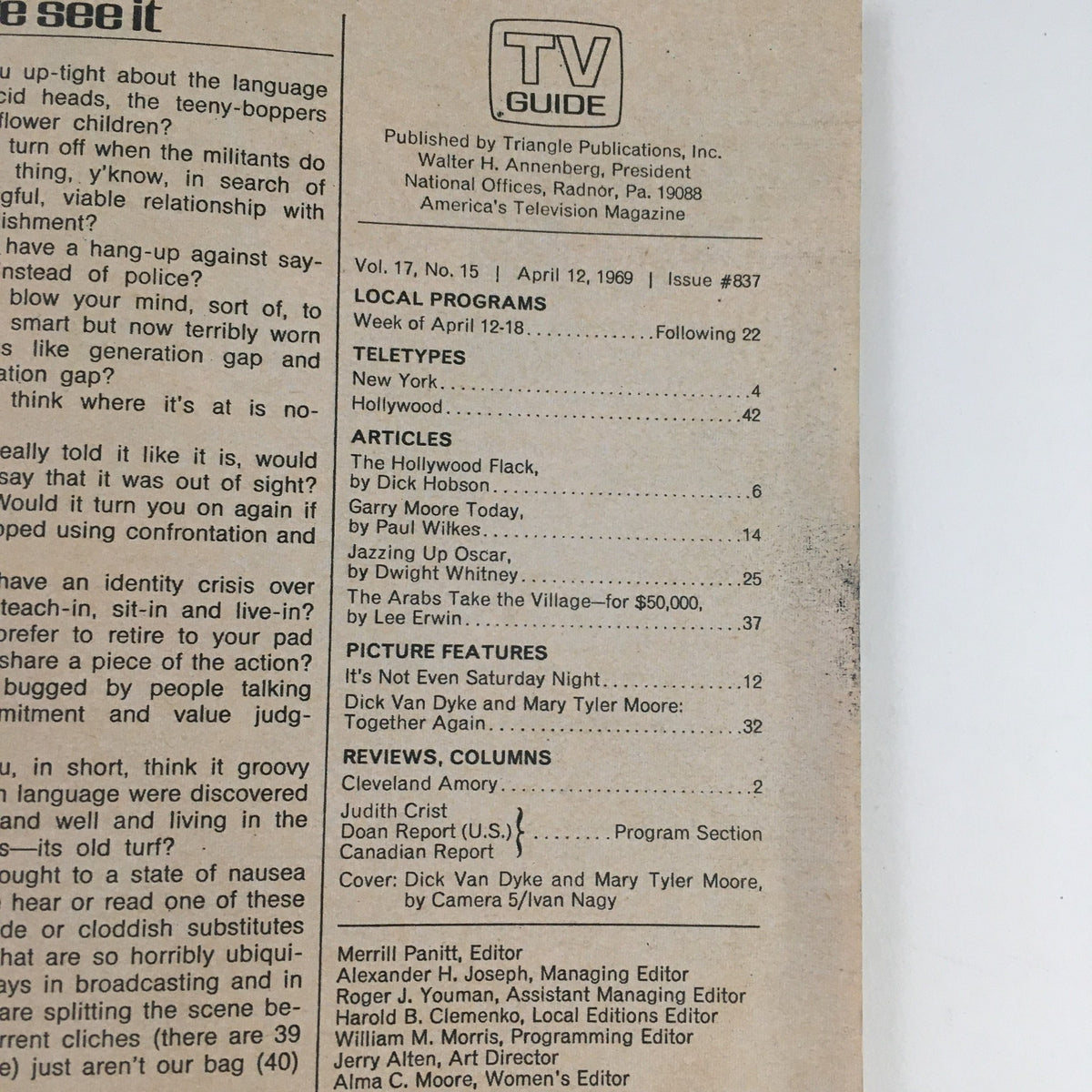 Inside page of the TV Guide April 12 1969 Vol 17 #15 showing the table of contents with articles and features, including Dick Van Dyke and Mary Tyler Moore.