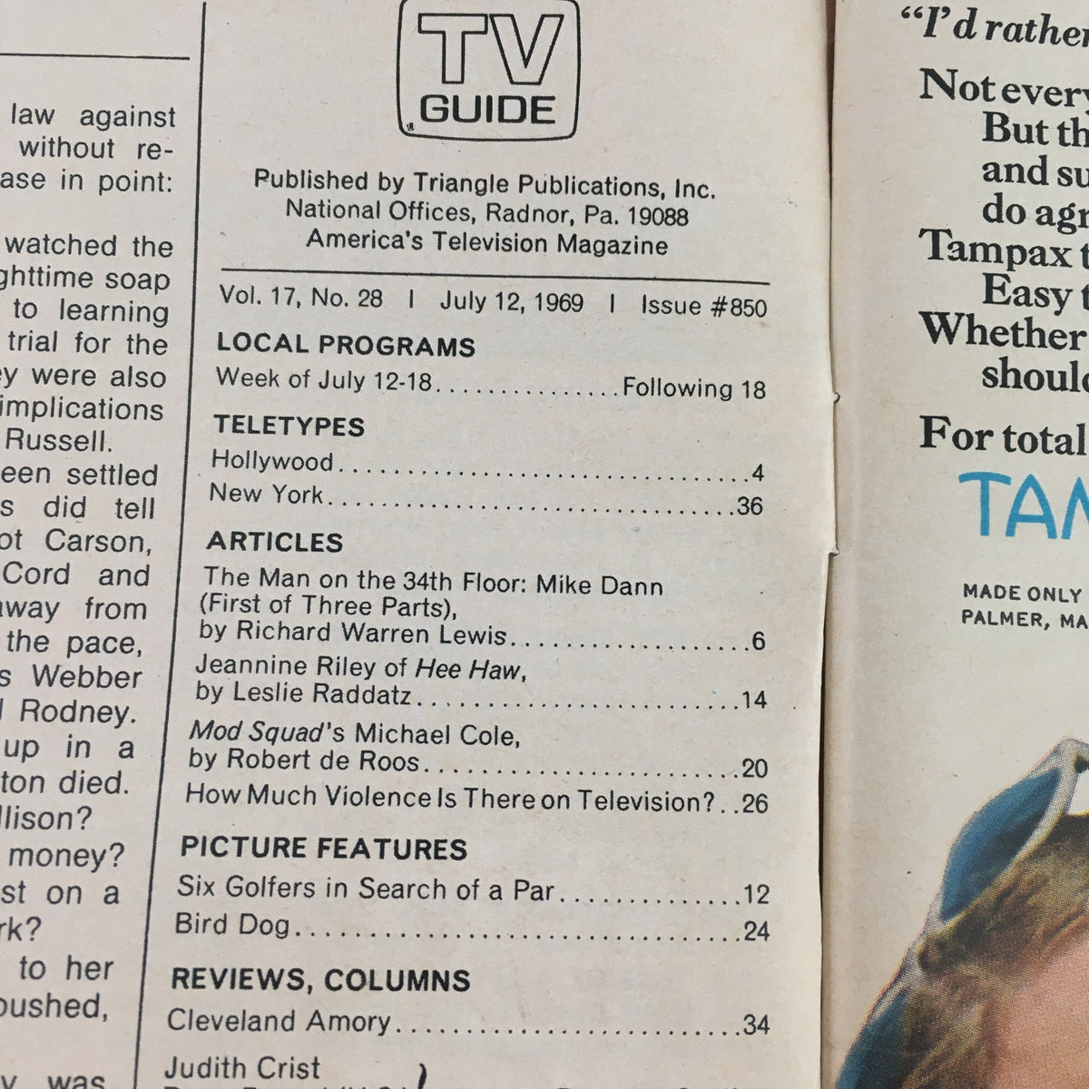 Interior pages of TV Guide July 12 1969 Vol 17 #28, listing local programs and articles, including features on 'The Mod Squad'.