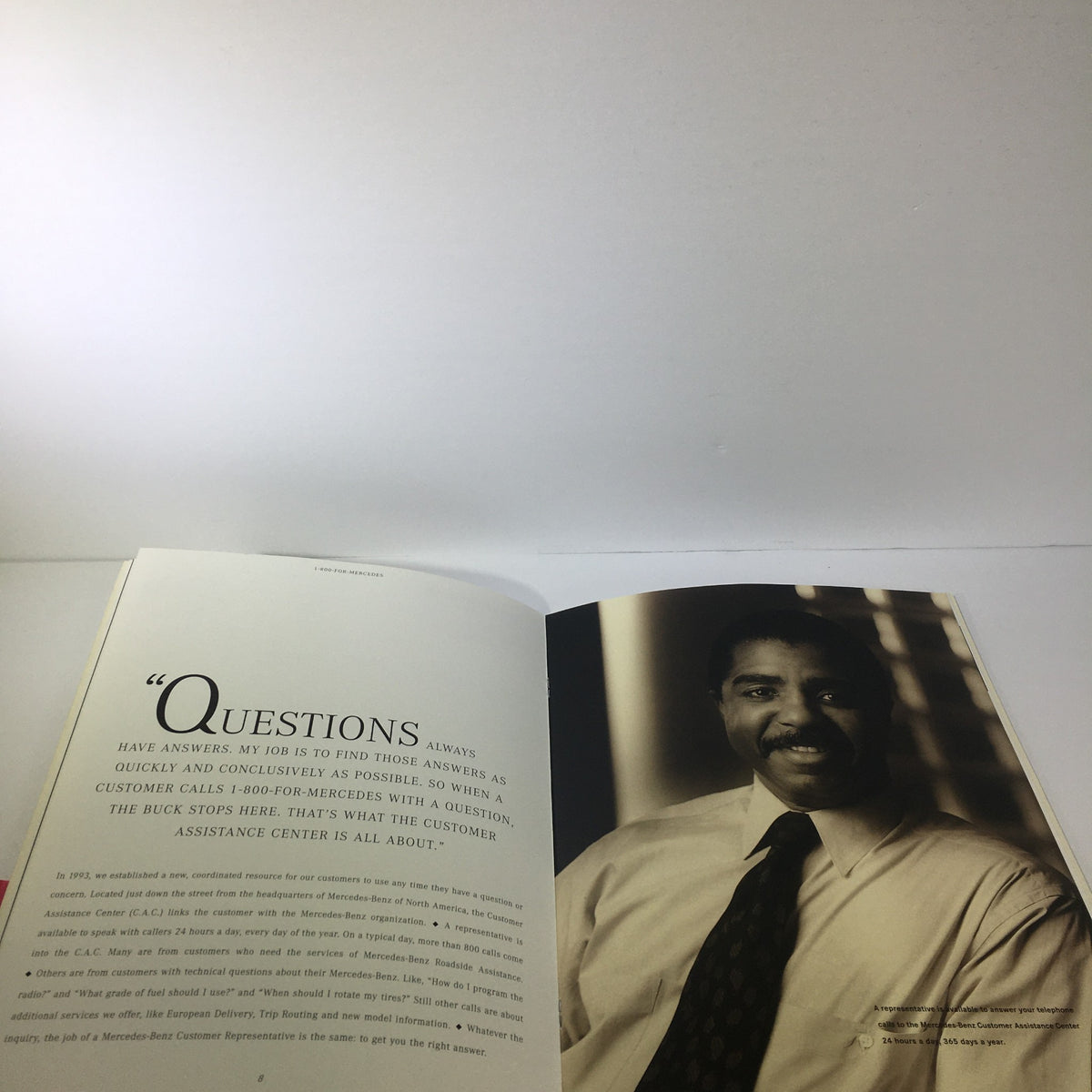 Page from 1995 Mercedes-Benz C-Class Information Dealership Car Auto Brochure Catalog depicting a representative discussing customer service and inquiries.