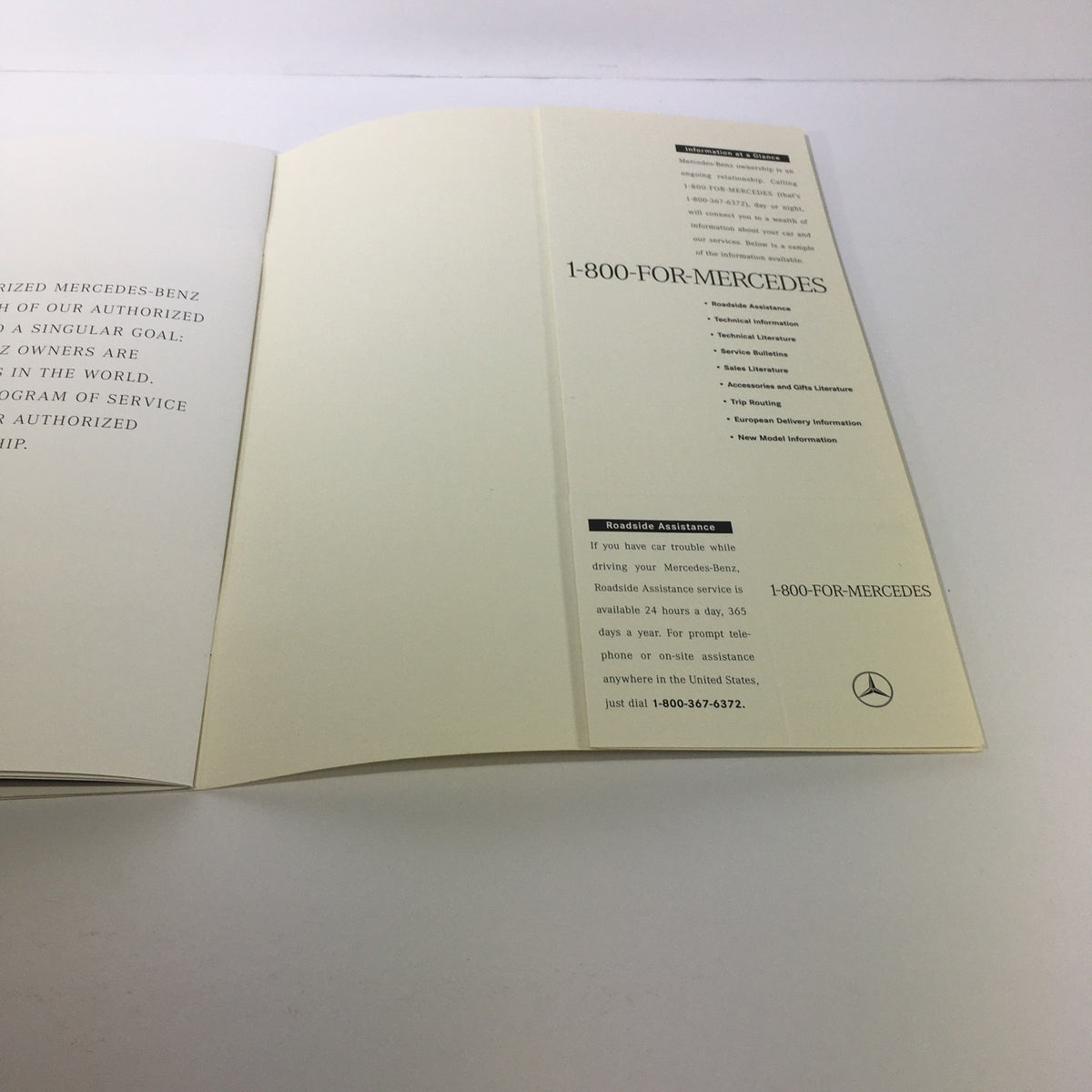 Page from 1995 Mercedes-Benz C-Class Information Dealership Car Auto Brochure Catalog displaying the 1-800-FOR-MERCEDES customer service number and service information.
