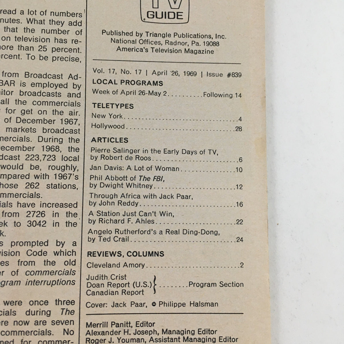 Inside page of TV Guide April 26, 1969, Vol 17 #17, detailing local programs and articles, including a piece about Jack Paar.