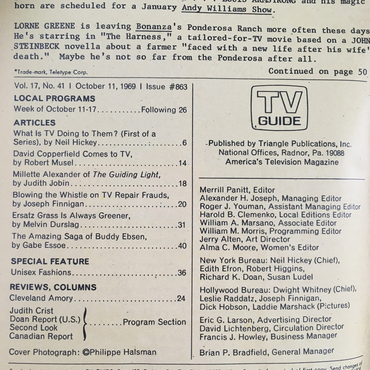 Cover page of TV Guide dated October 11, 1969, Volume 17 No. 41, featuring details on the World Series and Los Angeles Metropolitan Edition.