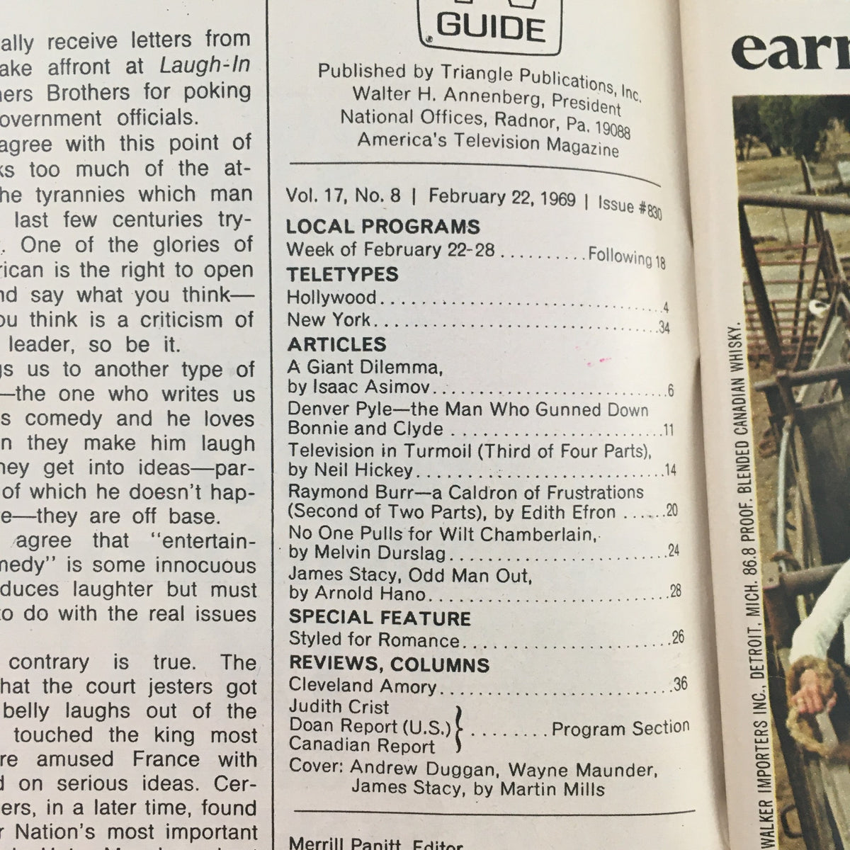 Inside page of TV Guide February 22, 1969, showcasing articles including 'A Giant Dilemma' by Isaac Asimov and mentioning Andrew Duggan and James Stacy.