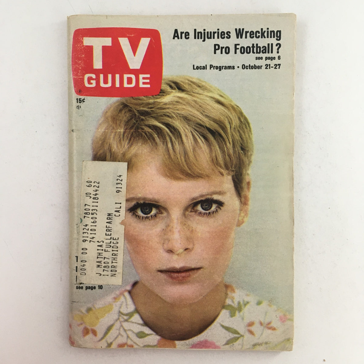 TV Guide October 21 1967 Vol 15 #42 featuring Mia Farrow on the cover, showcasing a vintage magazine with text about local programs and an iconic image of a young actress.