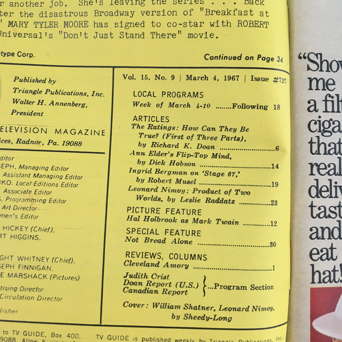 Inside page of TV Guide March 4 1967, Vol 15 #9, listing articles including features on Leonard Nimoy and other television programs, showcasing the layout and editorial details.