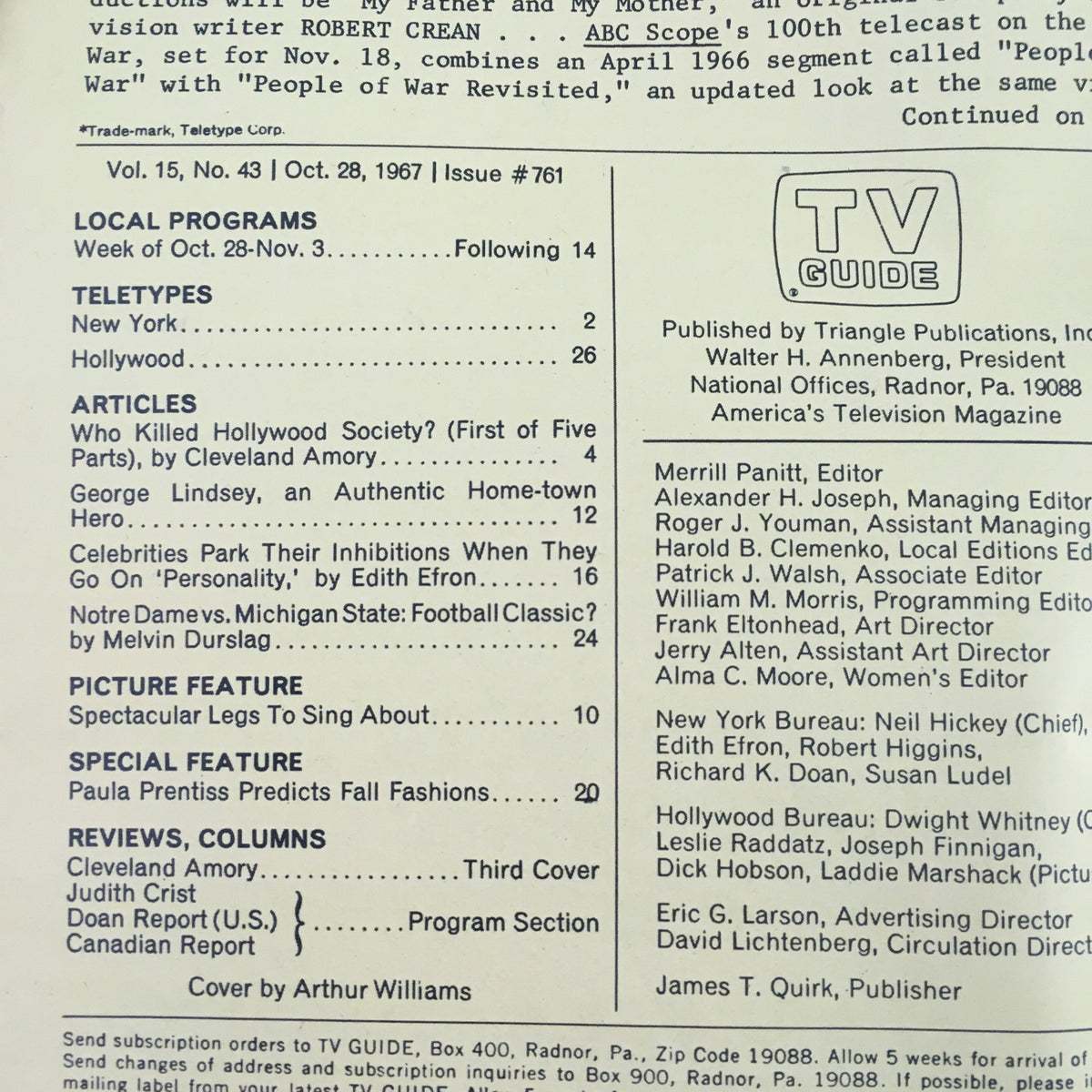 Back cover of TV Guide, October 28, 1967, Vol 15 #43, featuring article summaries including 'Who Killed Hollywood Society.' This vintage magazine showcases the charm of 1960s television.