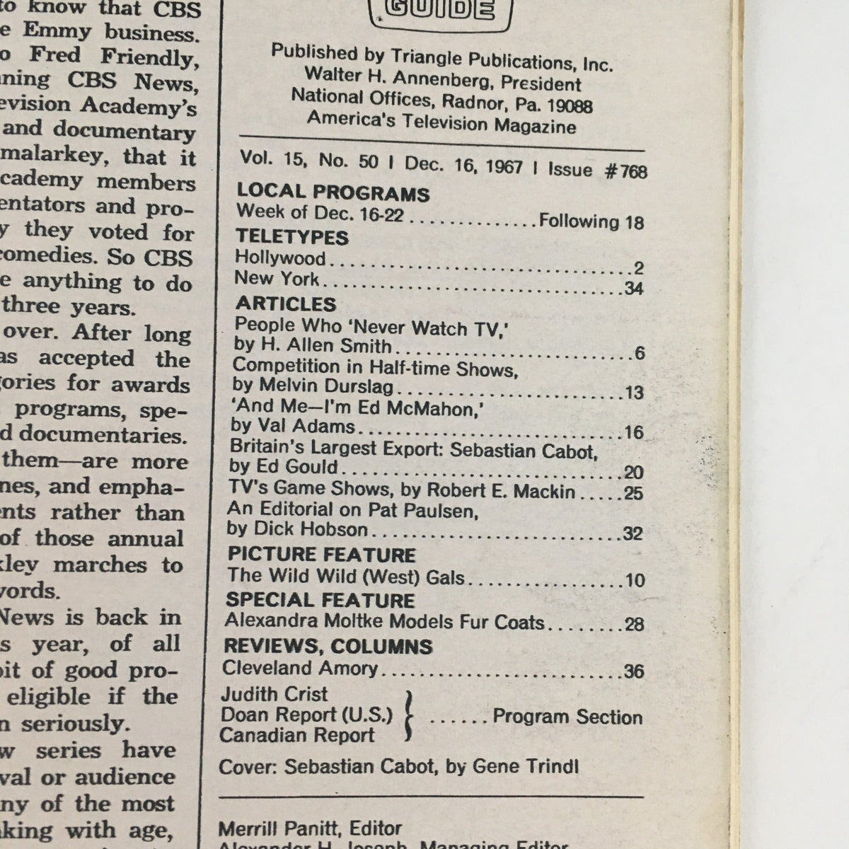Inside page of TV Guide December 16 1967 Issue 768, presenting articles and features, including a conversation with Sebastian Cabot and local television listings.