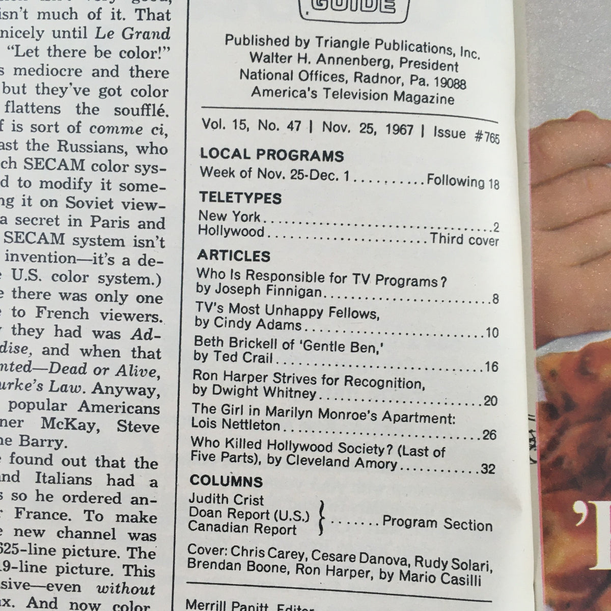 Inside page of TV Guide November 25 1967 Issue 765, detailing local programs and articles including 'TV's Most Unhappy Fellows'.