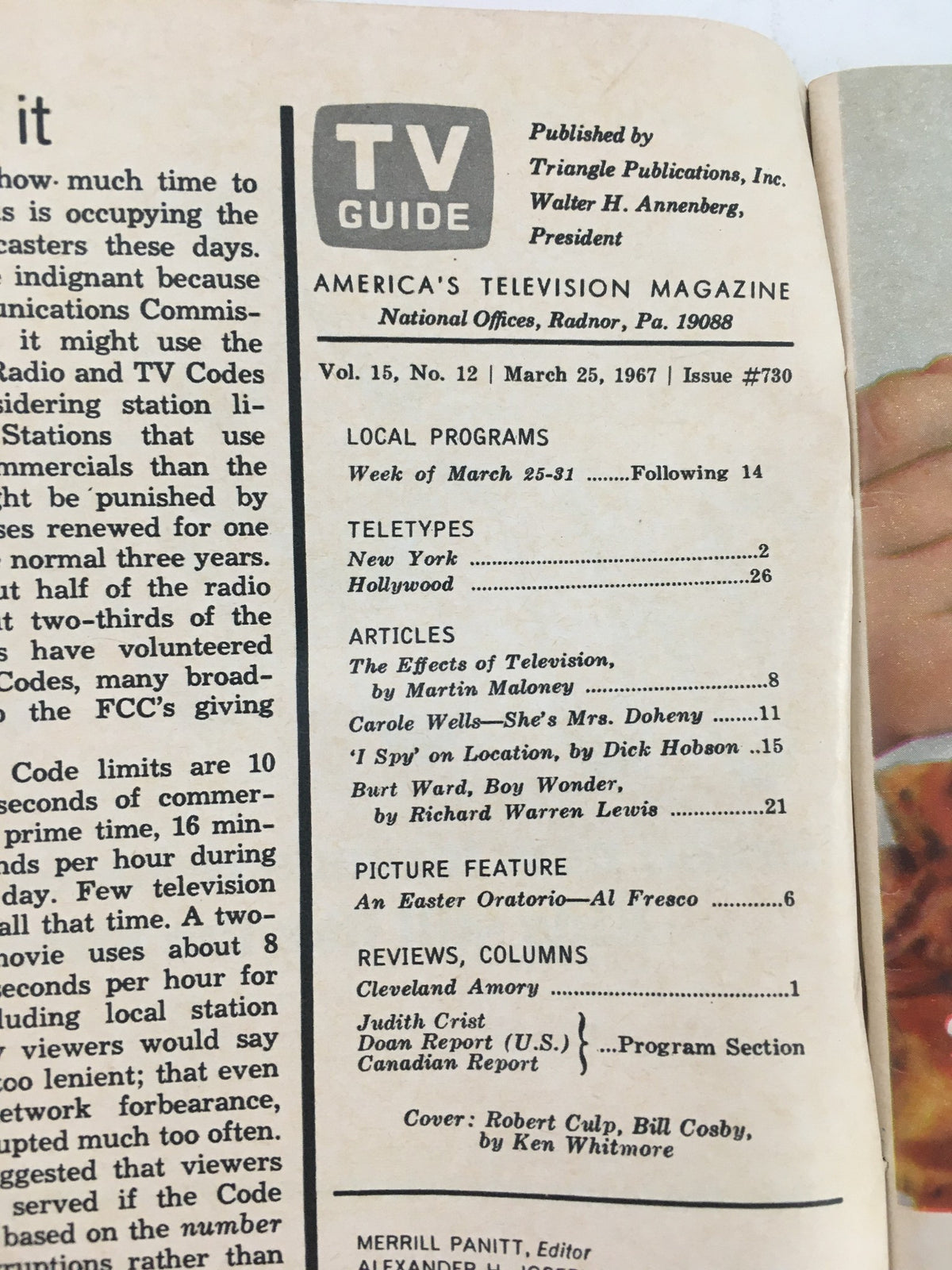 Inside page of TV Guide March 25 1967 with content information and article titles featuring Robert Culp and Bill Cosby.