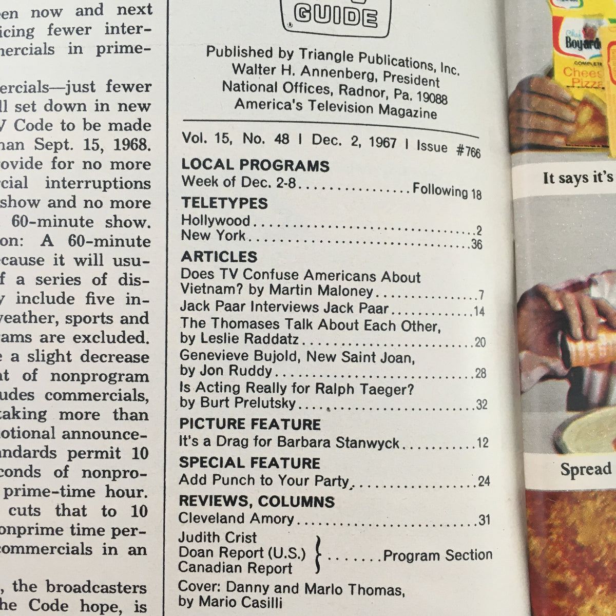 Inside page of TV Guide December 2, 1967 #766 with listings and articles, highlighting content from the era's entertainment landscape.