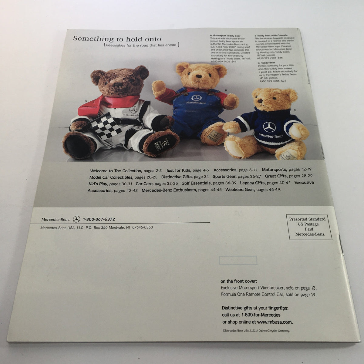 2000 Mercedes-Benz Welcome Lease and Finance The Collection Dealership Catalog featuring three teddy bears, showcasing merchandise from Mercedes-Benz, ideal for collectors.