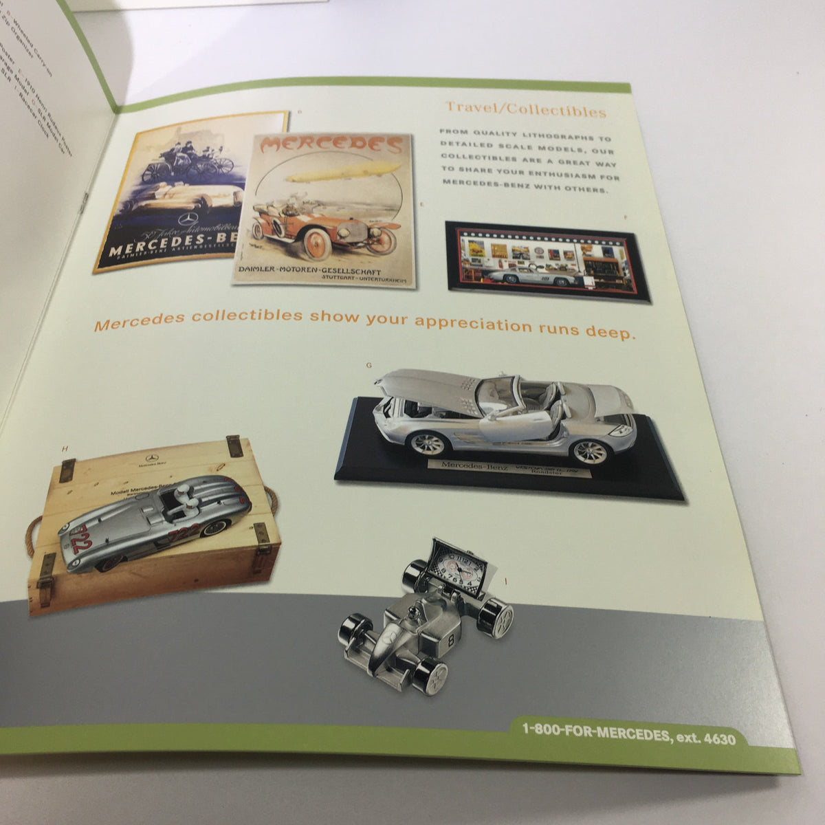 Inside the 2000 Mercedes-Benz Welcome Lease and Finance The Collection Dealership Catalog displaying collectible Mercedes items, highlighting the brand's rich history and collectibles.