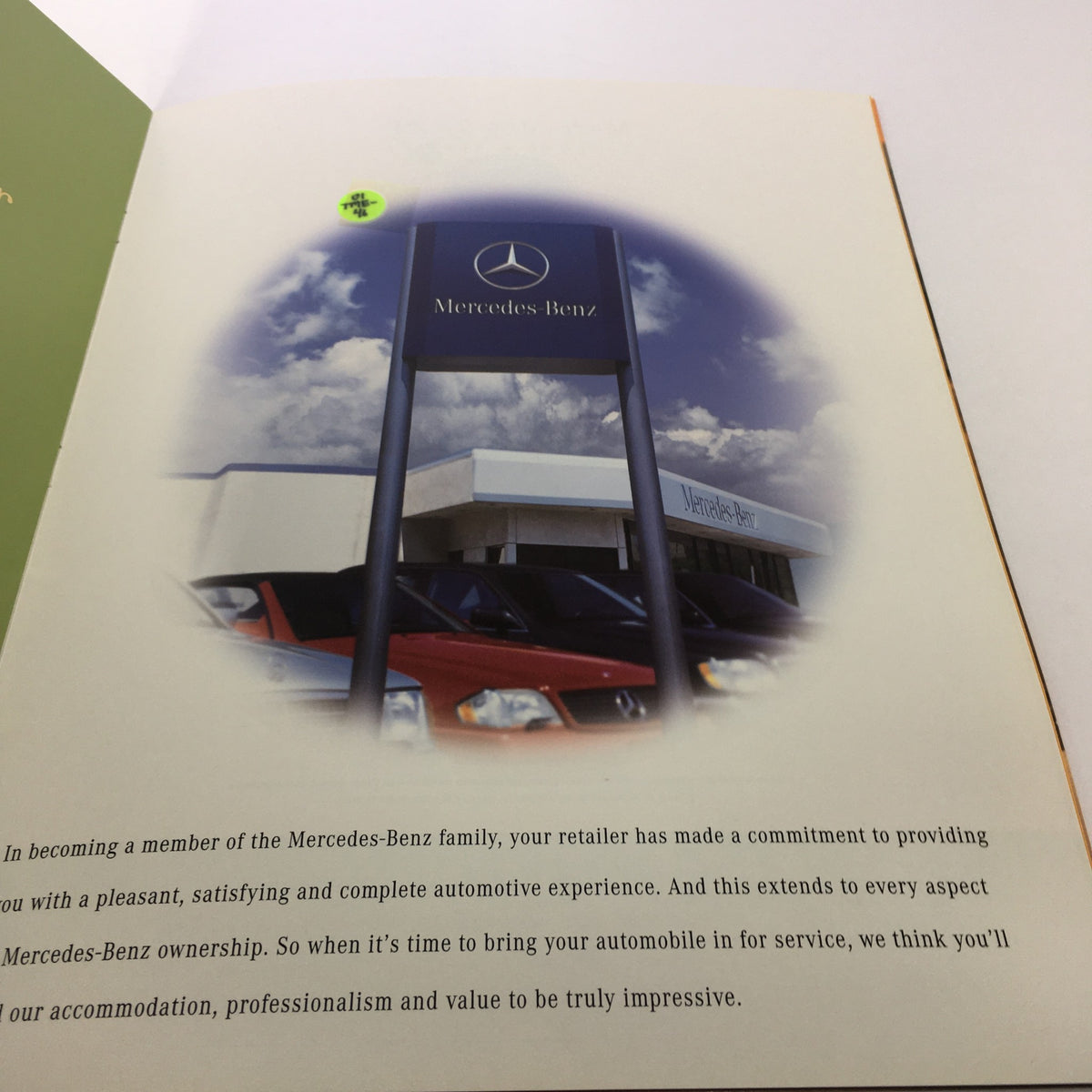 Interior page of the 2000 Mercedes-Benz Welcome Lease and Finance The Collection Dealership Catalog showing a Mercedes-Benz sign, emphasizing the commitment to customer satisfaction and service.