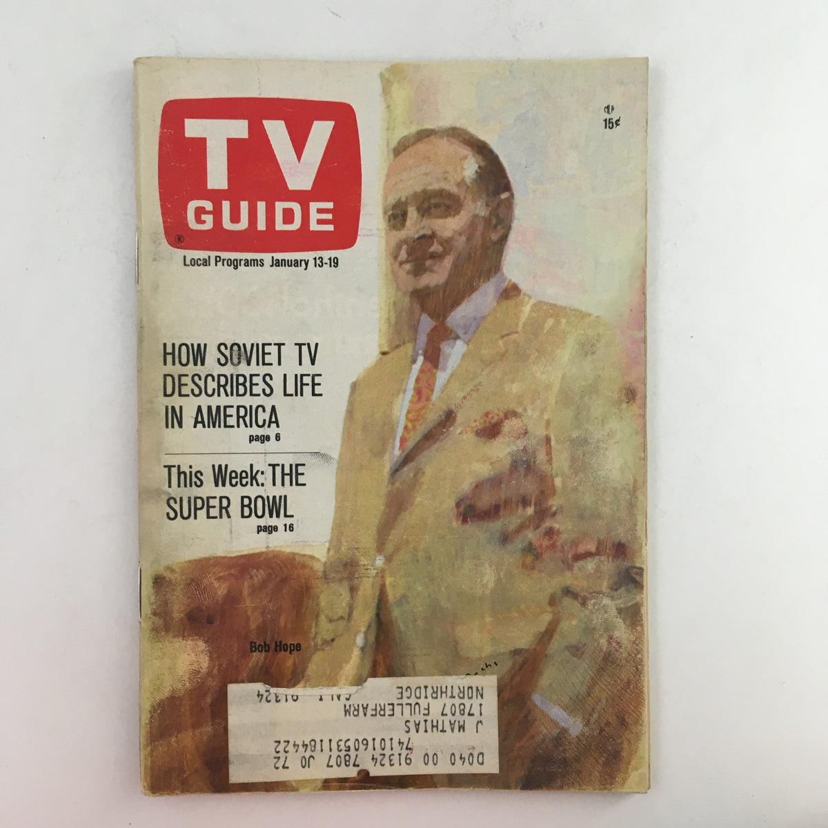 TV Guide January 13 1968 featuring Bob Hope on the cover, showcasing a vintage aesthetic with headlines about Soviet TV and the Super Bowl.