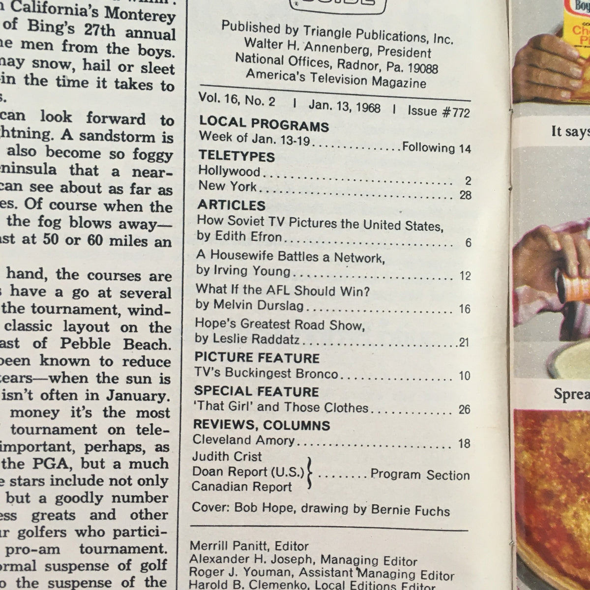 Interior page of TV Guide January 13 1968 detailing contents including articles and features, with Bob Hope's illustration by Bernie Fuchs on the cover.