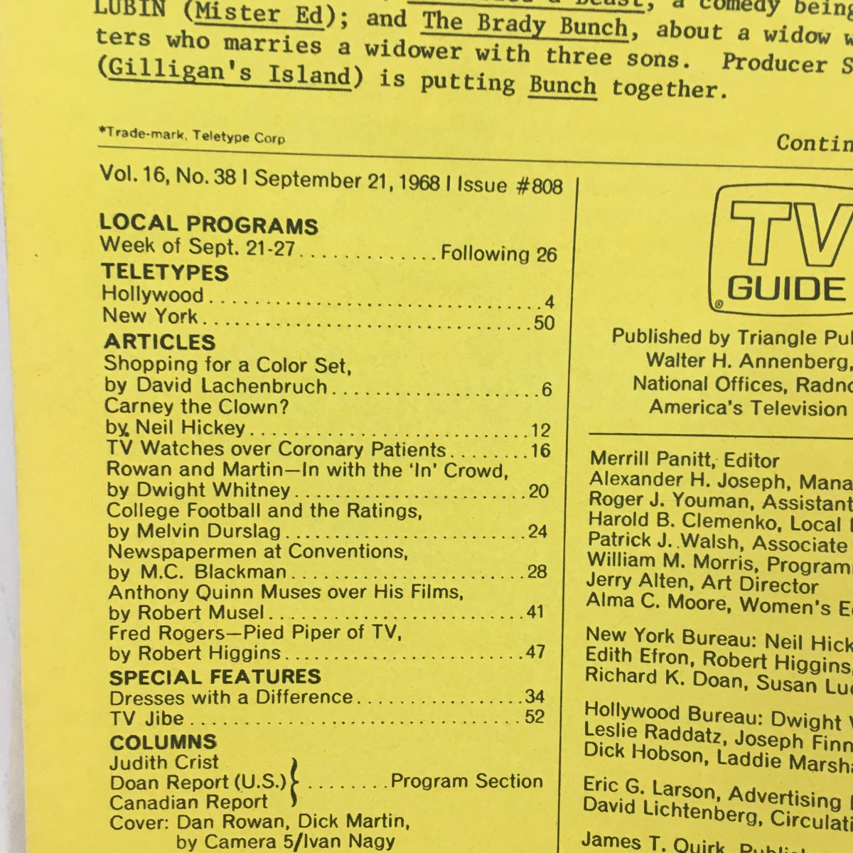Inside page of TV Guide September 21 1968 #808 displaying local programs and articles related to television culture of the 1960s.