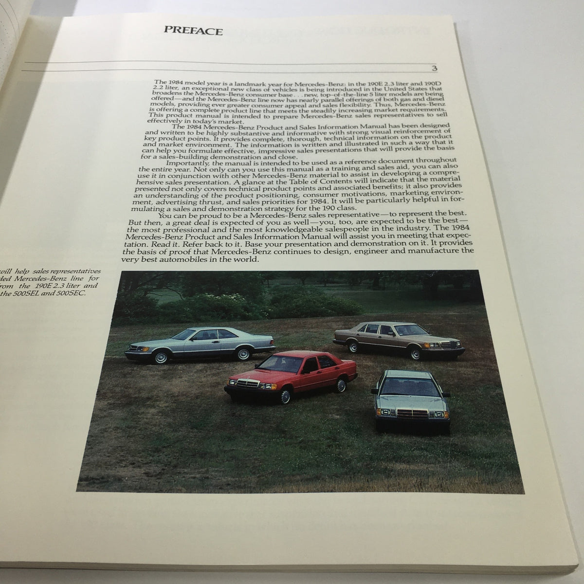 Preface page from the 1984 Mercedes-Benz 190-Class Product and Sales Information Catalog discussing the importance of the model year.