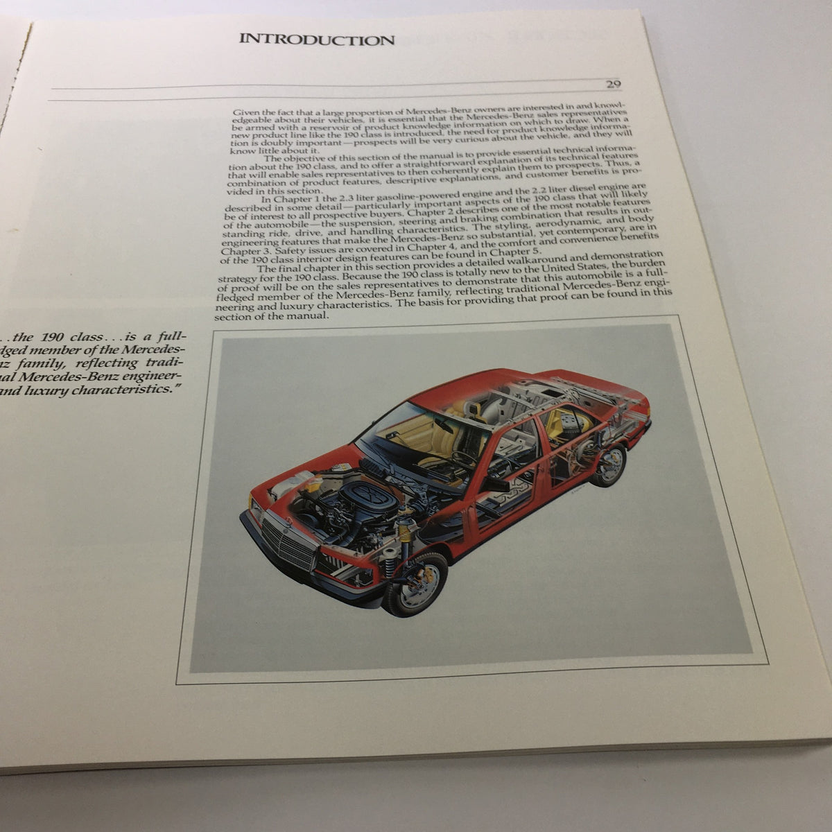 Introduction page from the 1984 Mercedes-Benz 190-Class Product and Sales Information Catalog detailing the 2.3-liter engine features.