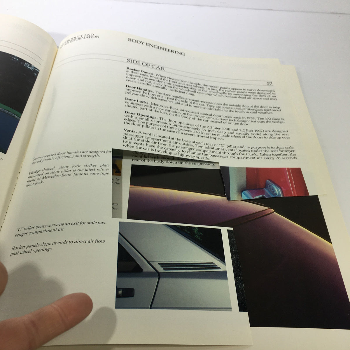 Body engineering details from the 1984 Mercedes-Benz 190-Class Product and Sales Information Catalog highlighting design features.