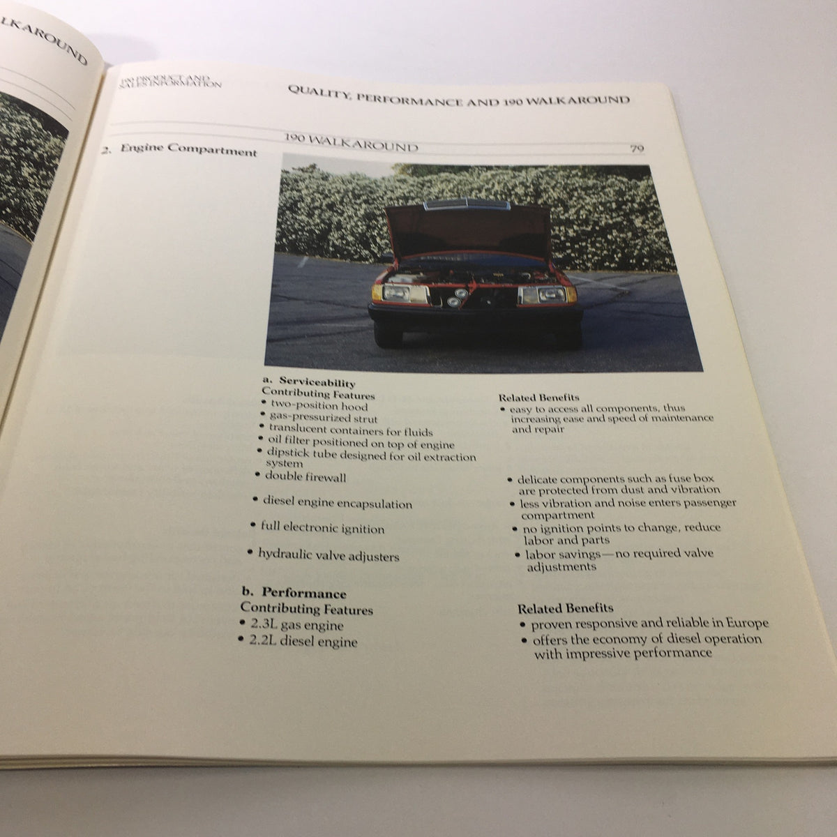 Engine compartment section of the 1984 Mercedes-Benz 190-Class Product and Sales Information Catalog, showcasing serviceability features and engine specifications.