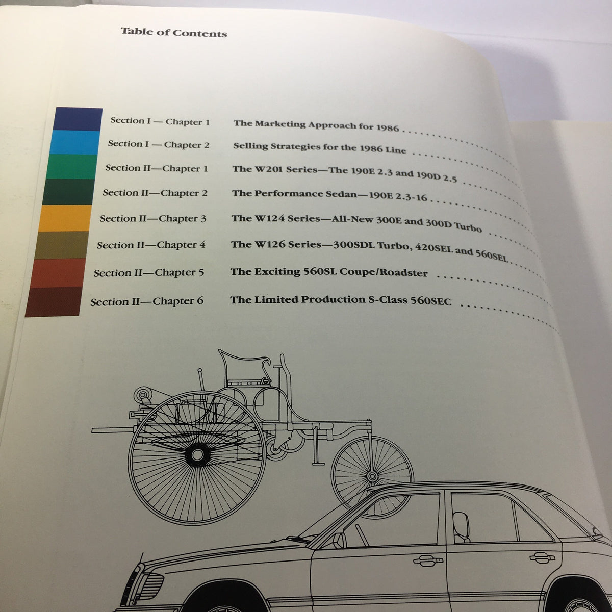 1986 Mercedes-Benz Product and Sales Information Brochure table of contents detailing various models like the W201 and W124 series.