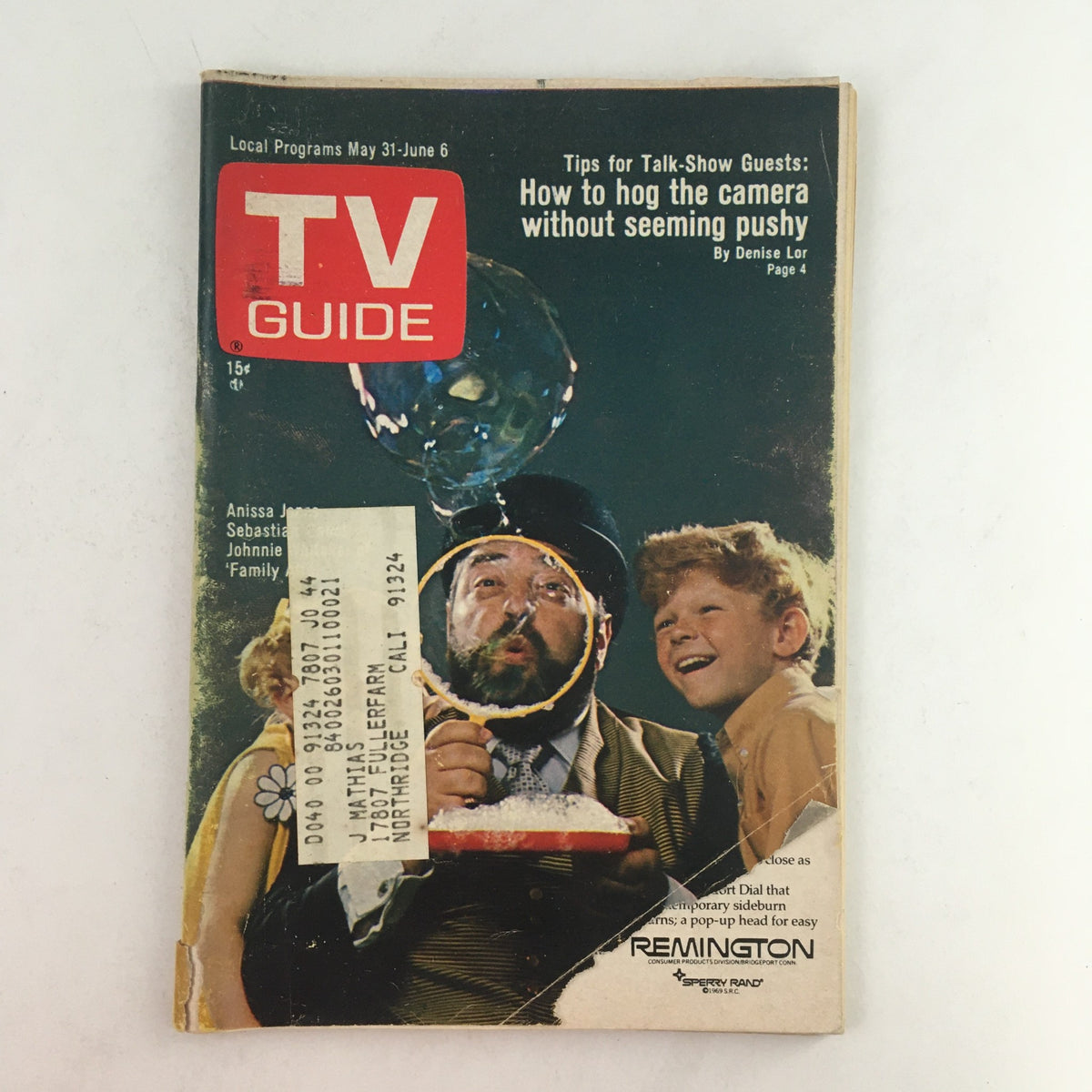 TV Guide May 31 1969 #844 featuring Anissa Jones and Sebastian Cabot on the cover, showcasing vintage entertainment history with an address label detail.