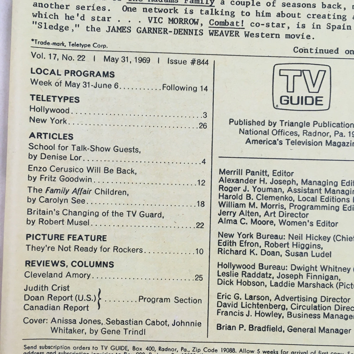 Interior view of TV Guide May 31 1969 #844 displaying local programming listings and articles, providing insights into late 1960s television.