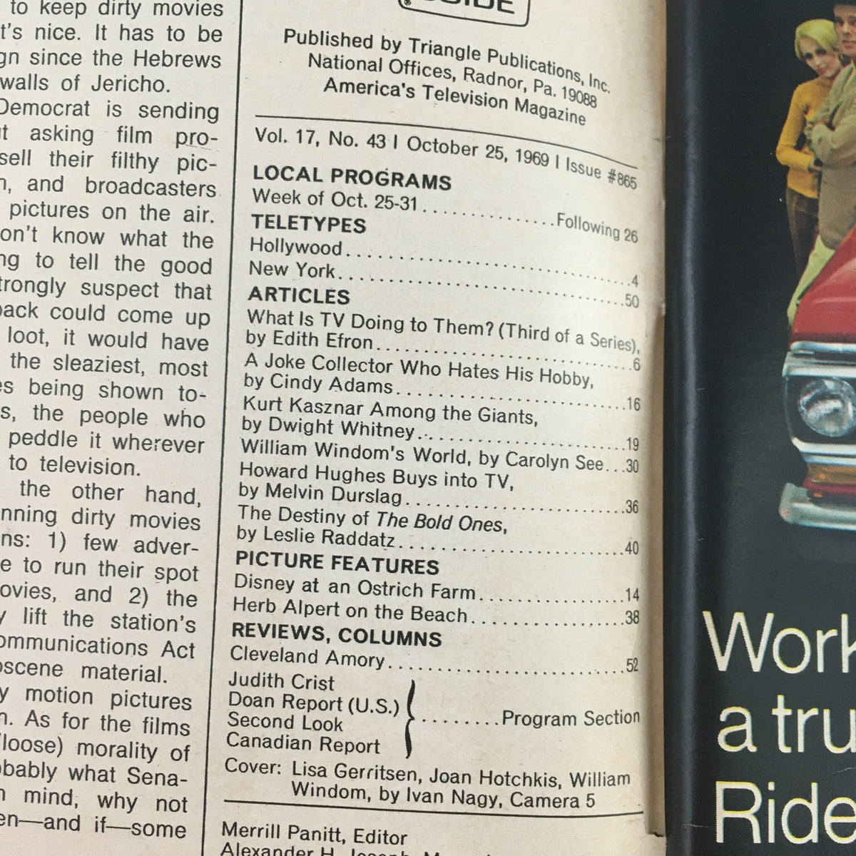 Inside page of TV Guide October 25 1969 issue #865, listing articles and local programs, showcasing the magazine's content from that period.