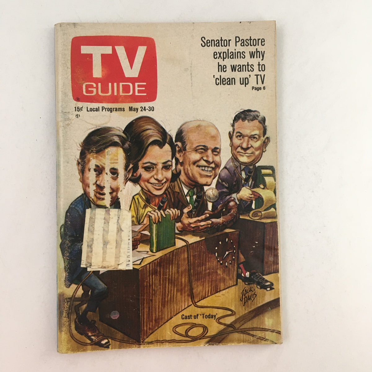 TV Guide May 24 1969 featuring a cartoon cover illustration of Senator Pastore and the cast of the Today show, highlighting the local programs for the week.