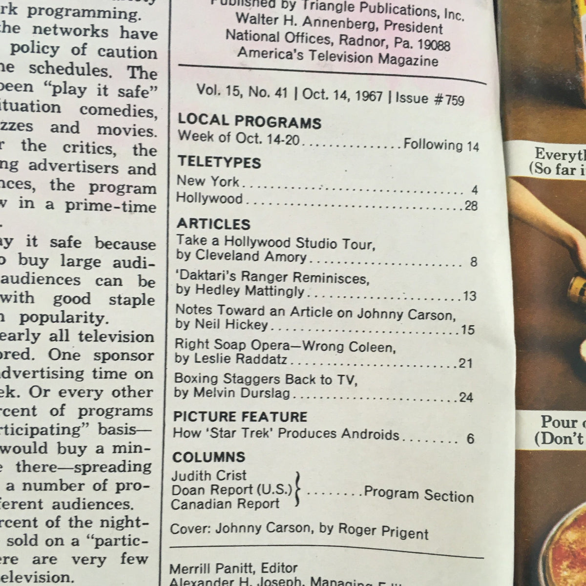 Inside view of TV Guide October 14 1967 issue number 759 showing local programs and articles featuring Johnny Carson.