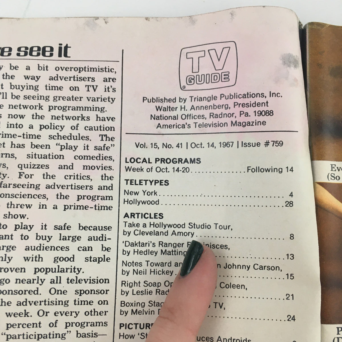 Inside pages of TV Guide October 14 1967 issue number 759 featuring various articles and teletype sections related to television programming.