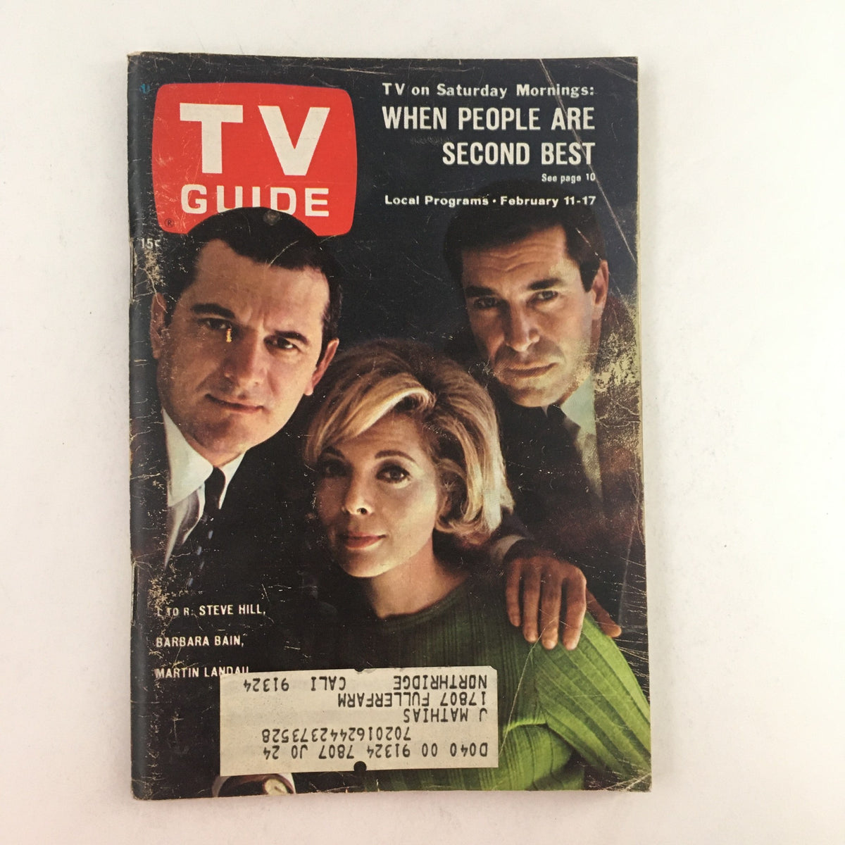 TV Guide February 11 1967 #724 featuring Steven Hill and Barbara Bain on the cover, showcasing the popular magazine's vintage design and notable television personalities.