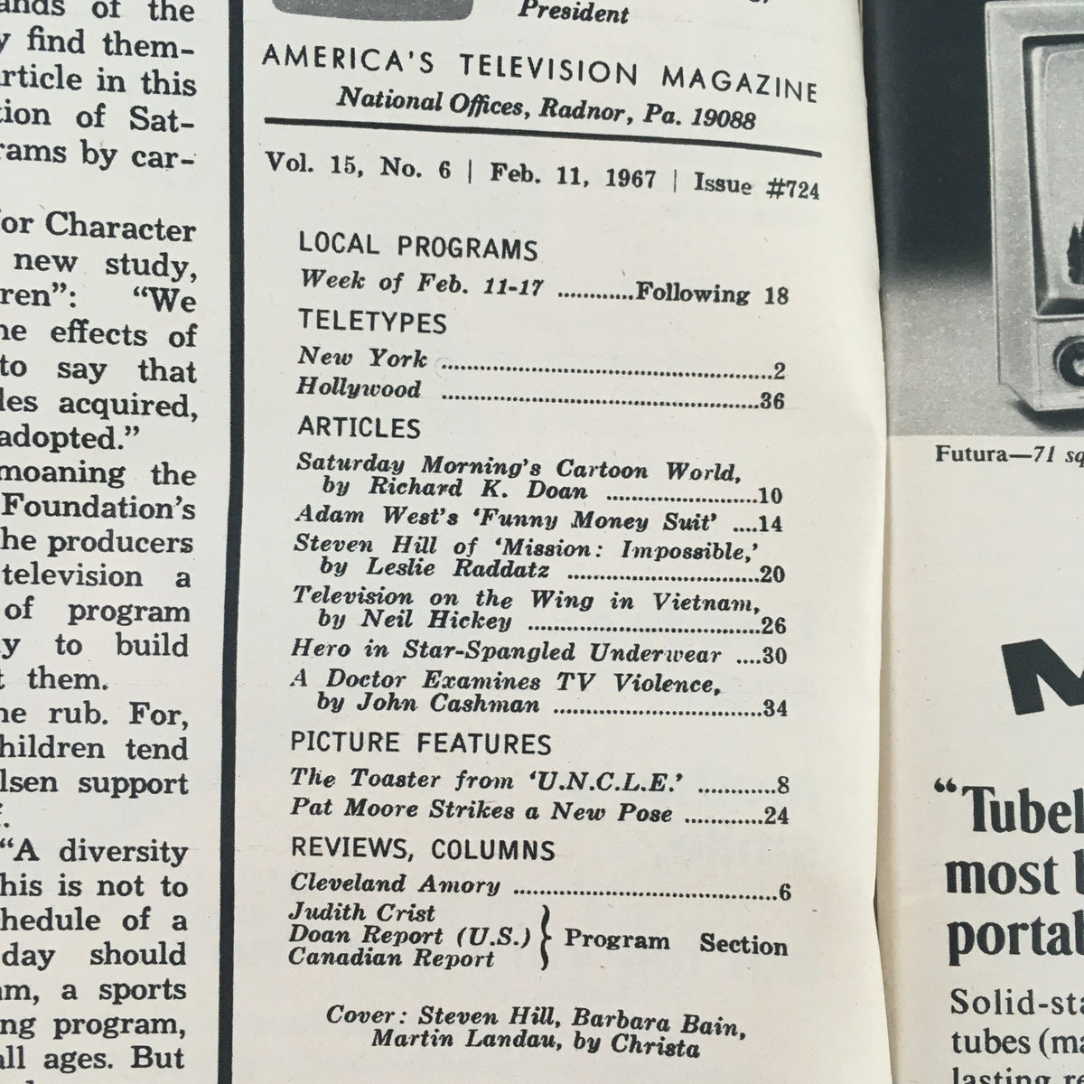 Interior page of TV Guide February 11 1967 #724 detailing local programs, articles, and features, highlighting the magazine's informative content from 1967.