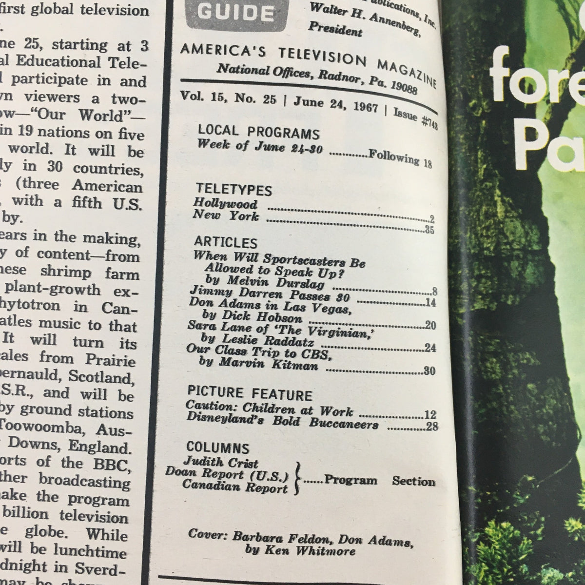 Inside page of TV Guide June 24 1967, displaying articles and local program listings, highlighting the rich television history of the era with the iconic cover stars Barbara Feldon and Don Adams.