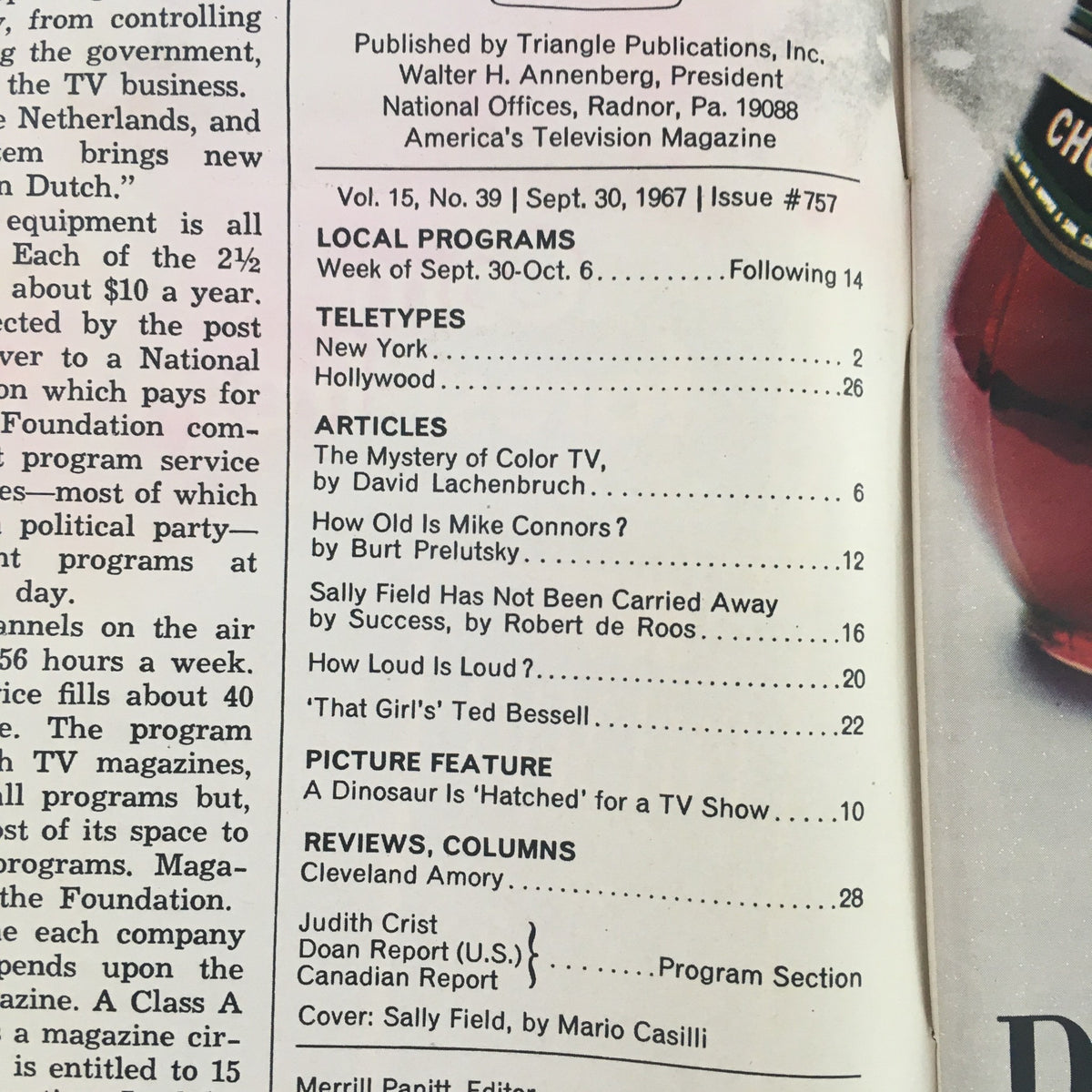 Interior page of TV Guide from September 30, 1967, displaying contents and articles including Sally Field and Mike Connors, emphasizing its historical significance.