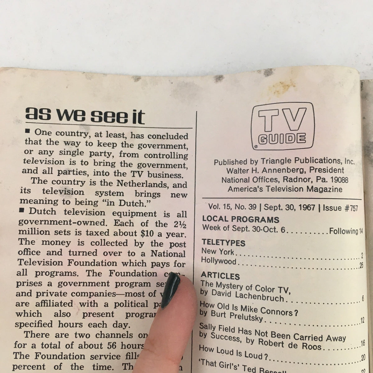 Back cover of TV Guide September 30, 1967, Issue #757 featuring Sally Field from 'The Flying Nun', showing articles and local program listings.