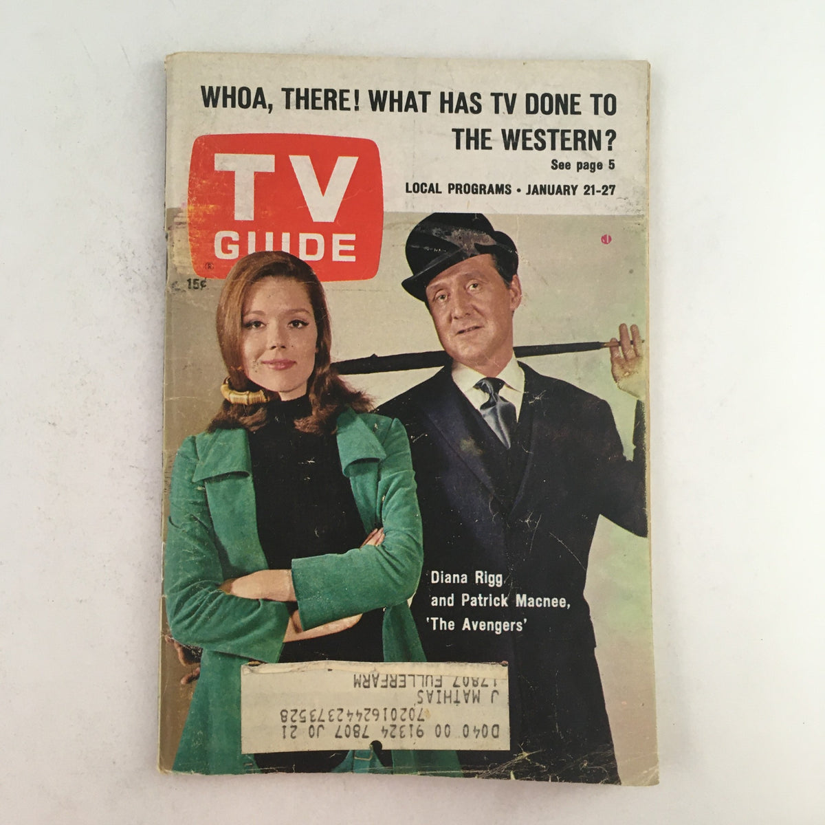 TV Guide January 21 1967 featuring Diana Rigg & Patrick Macnee on the cover, showcasing nostalgic television history with an iconic image from 'The Avengers' series.