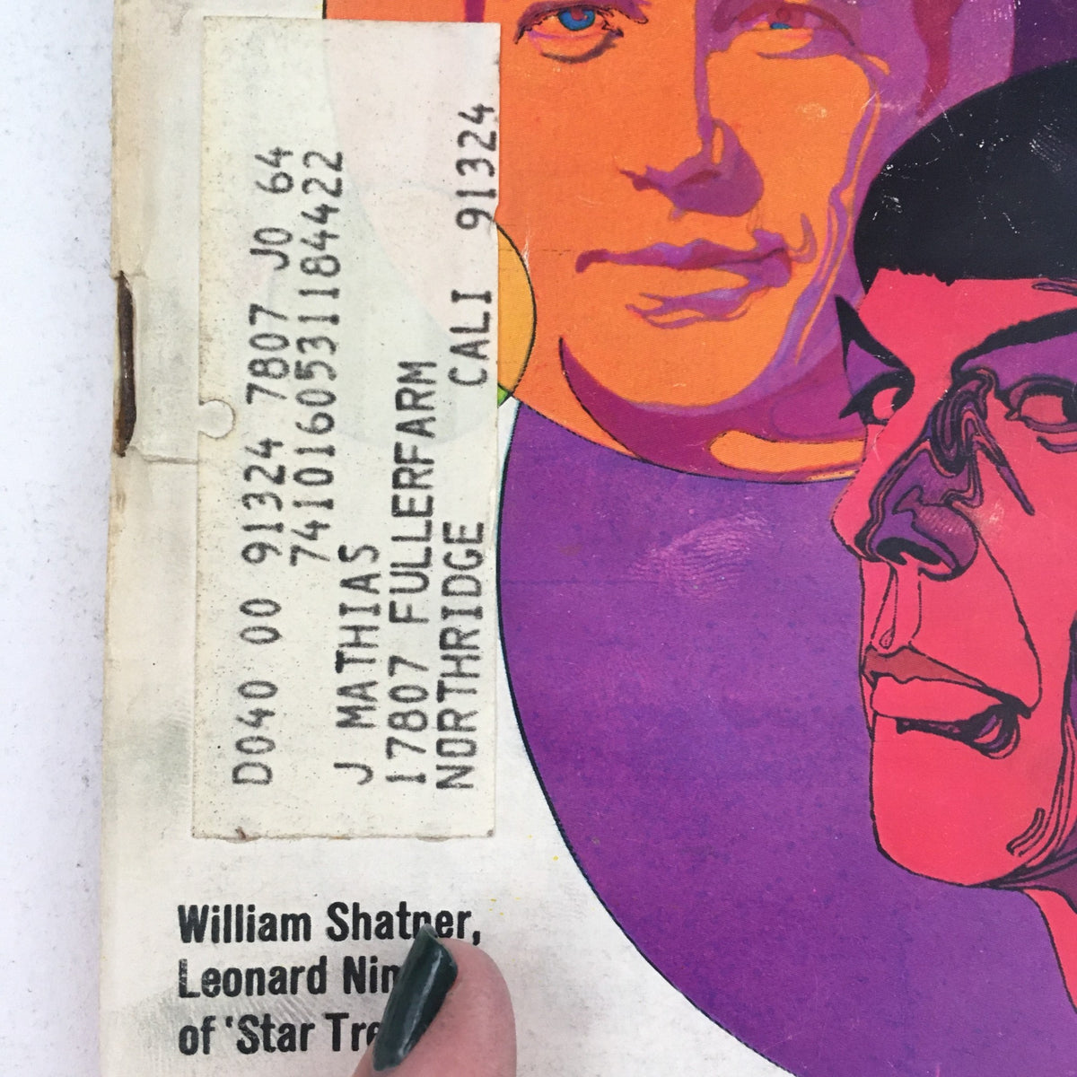 Close-up of the address label on the TV Guide November 18, 1967, revealing ownership details alongside iconic artwork of William Shatner and Leonard Nimoy.
