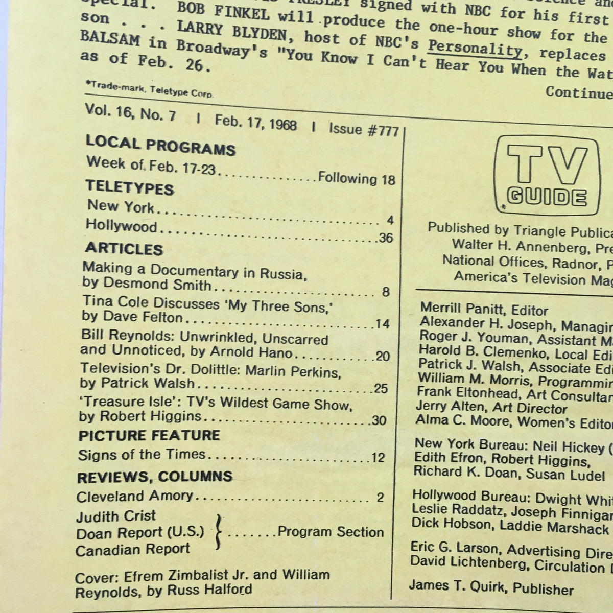 Interior page of TV Guide February 17 1968 #777, highlighting local programs and articles, providing insights into television culture of the late 1960s.