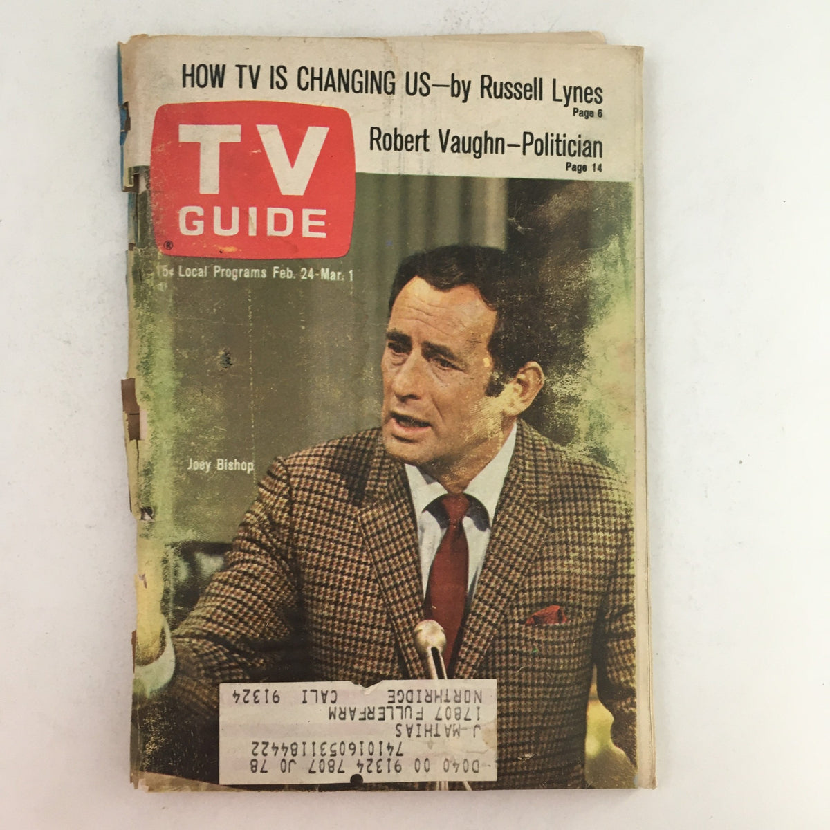 Vintage TV Guide February 24, 1968 issue featuring Joey Bishop on the cover, showcasing television history and classic entertainment from the late 60s.